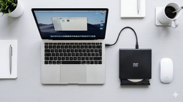MacBookと外付けDVDドライブがUSB-Cで繋がっているデスク俯瞰写真