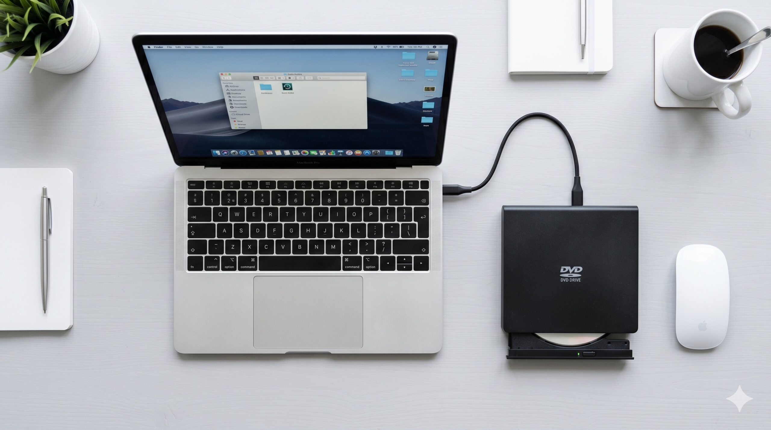 MacBookと外付けDVDドライブがUSB-Cで繋がっているデスク俯瞰写真