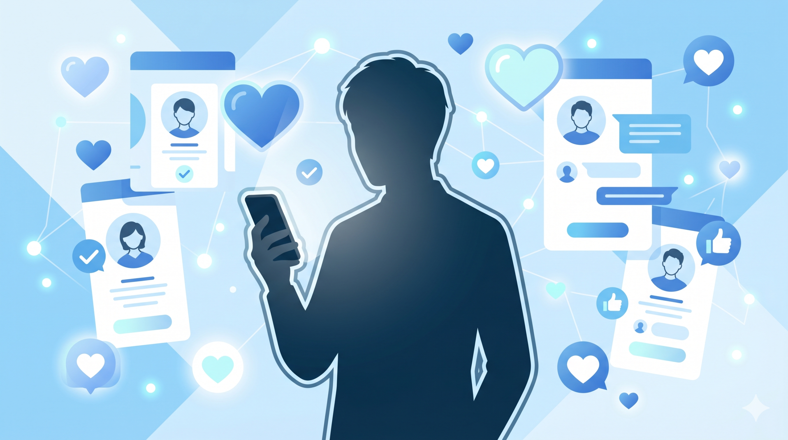 30代男性がスマホでマッチングアプリを比較しているイラスト