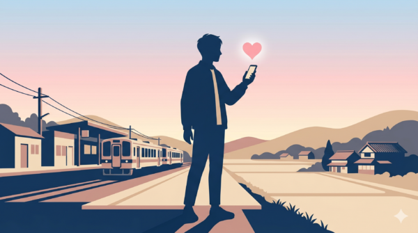 地方の駅前で爽やかな30代男性がスマートフォンを操作するイラスト