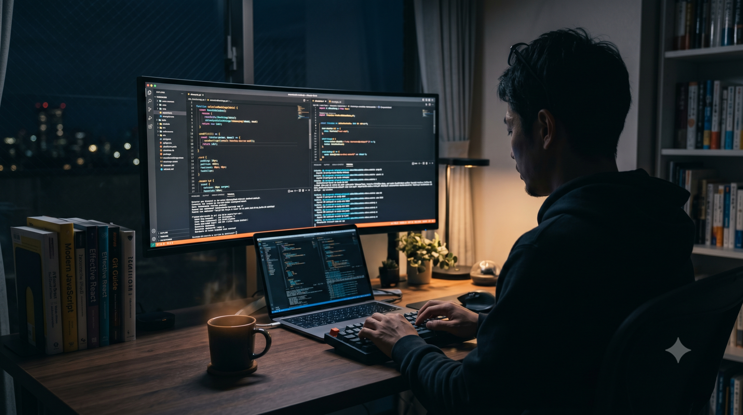 夜のデスクでノートPCと多画面モニターを使ってコードを書く30代男性のイラスト