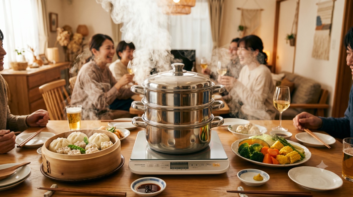 家パーティで使う蒸し器比較 湯気の立つ3段ステンレス蒸し器とシュウマイ・肉まん