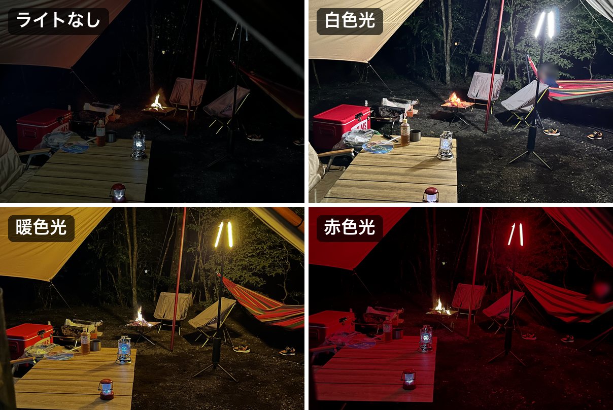 BougeRV T1のライトなし・白色光・暖色光・赤色光をキャンプサイトで撮り比べた4枚